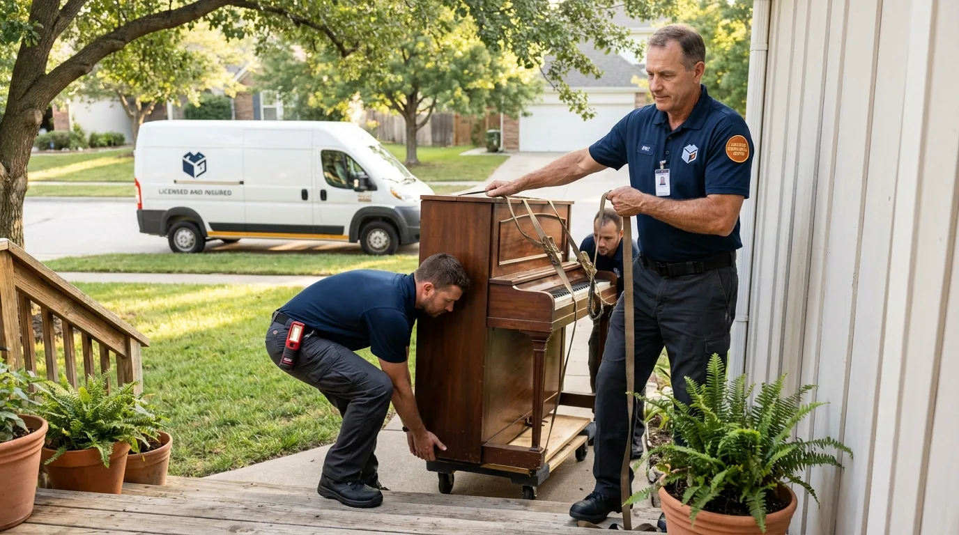 Licensed piano movers securing grand piano in West Yarmouth, MA