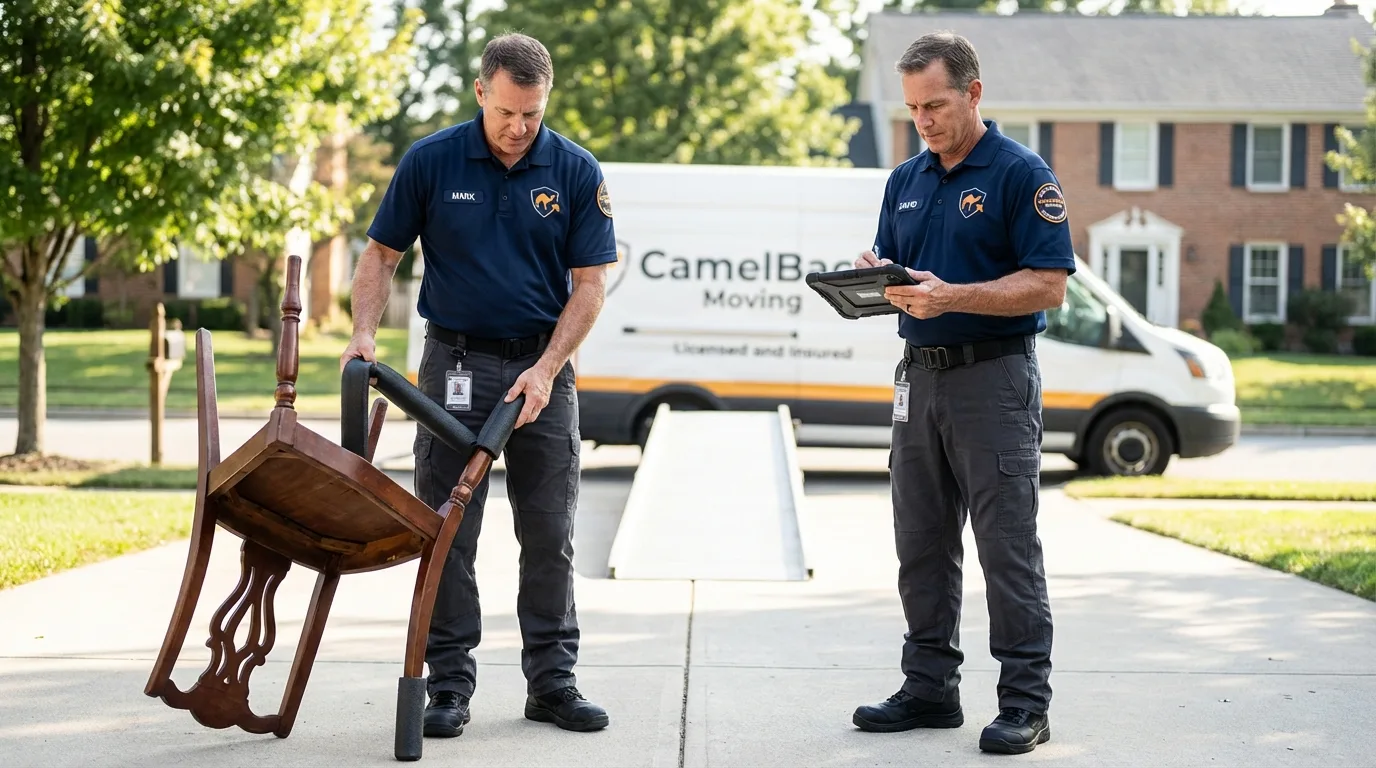Movers inspecting furniture for damage prevention before loading in West Yarmouth, MA