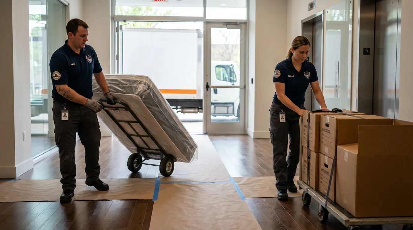 Professional apartment movers loading elevator in West Yarmouth, MA