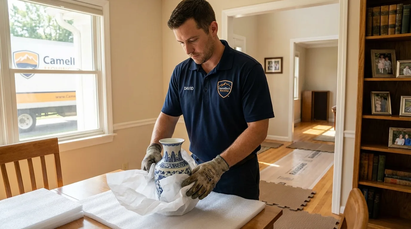 Professional crew carefully wrapping antique vase for senior downsizing move in West Yarmouth, MA