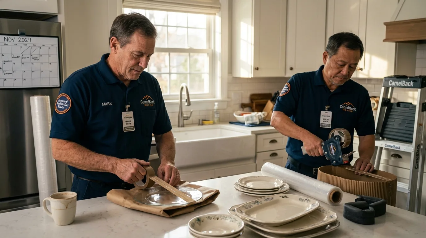 Professional crew packing kitchen dishware in West Yarmouth, MA